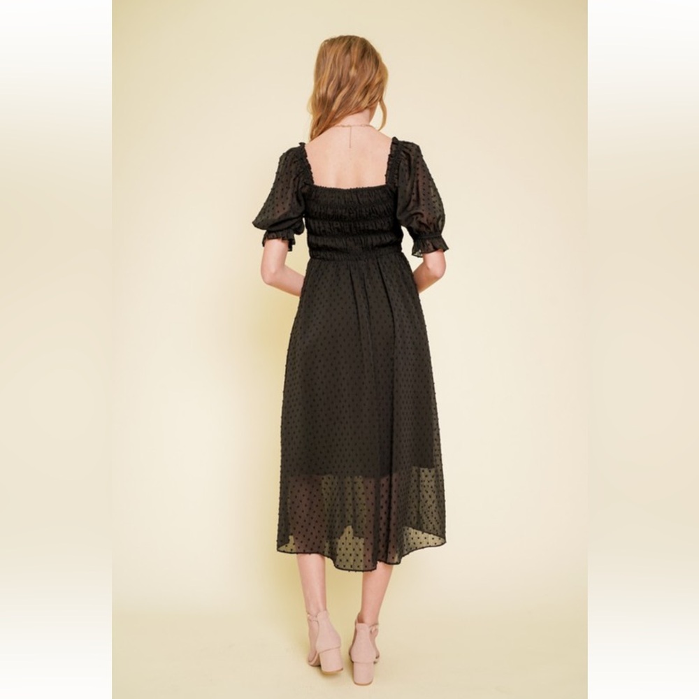 719. Hem & Thread Black Chiffon Midi Dress Smocked Ruffle Sleeve NEW Item - Picture 7 of 9